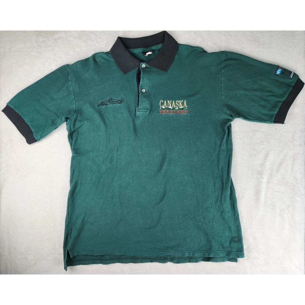 Vintage Canaska Racing Mens Polo Shirt Size Large Green 100% Cotton Indy Lights‎